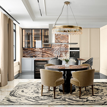 SHINTO ROUND DINING TABLE, IBIS DINING CHAIR, NAICCA CHANDELIER
